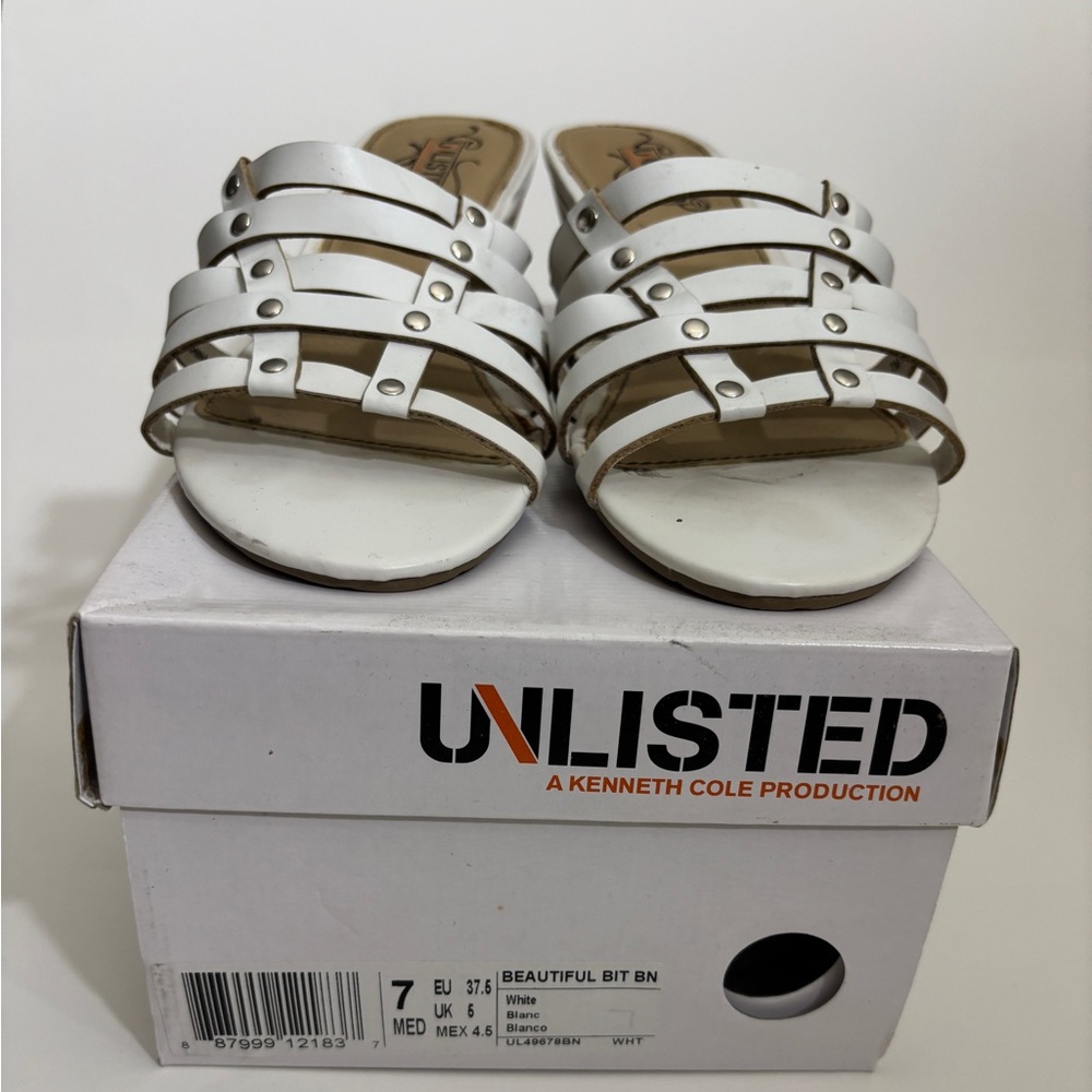 UNLISTED Kenneth Cole Production Strappy White Cork Wedge Sandal, Size 7M